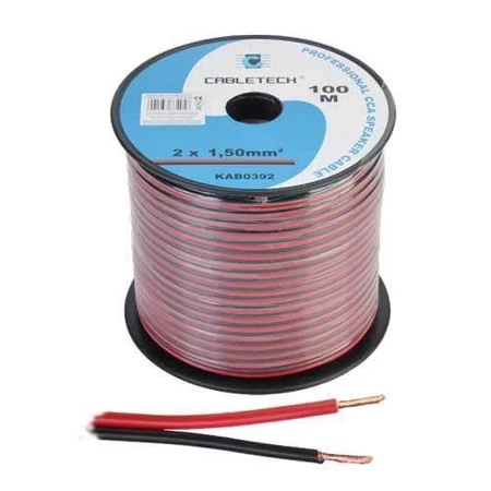 Przewód głośnikowy CCA, 2 × 1,5 mm², czarno-czerwony, szpula 100 m, Cabletech