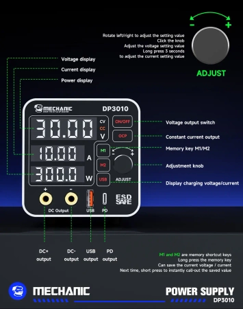 Zasilacz laboratoryjny DP3010, 0–30 V / 0–10 A, 300 W, USB-C PD 20 W, Mechanic