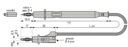 Przewód PVC 1mm2 z sondą probierczą i wtykiem prostym bezpiecznym 4mm z dodatkowym gniazdem 4mm 20A, 1m czarny