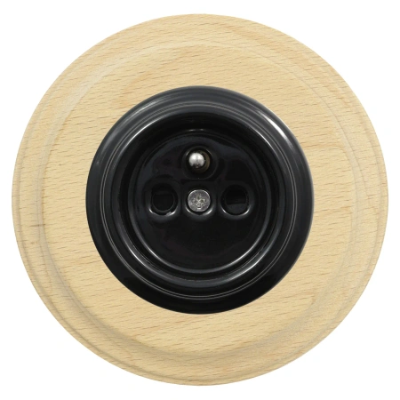 Gniazdo elektryczne okrągłe czarne z ramką jasne drewno, montaż podtynkowy, Ceramic Loft