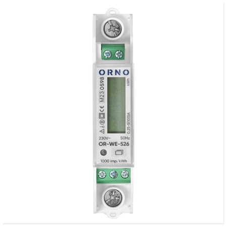 Licznik energii 1-fazowy, 100 A, certyfikat MID, pomiar dwukierunkowy, RS485 Modbus, wielotaryfowy, na szynę DIN, ORNO OR-WE-526