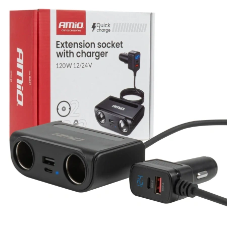Rozgałęziacz gniazda zapalniczki 12/24V – 2x gniazdo + 2x USB-C PD + 2x USB-A QC, 120W AMIO-04837