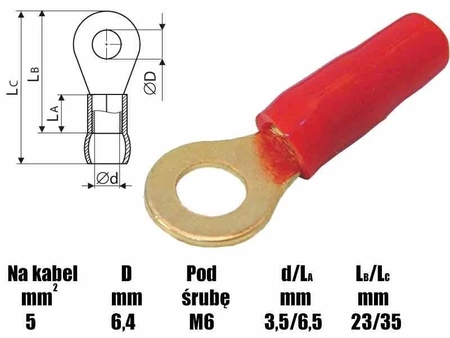 Końcówka oczkowa M6 izolowana, 6.4mm, złocona, na przewód 6mm, SGE