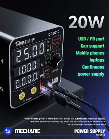Zasilacz laboratoryjny DP3010, 0–30 V / 0–10 A, 300 W, USB-C PD 20 W, Mechanic