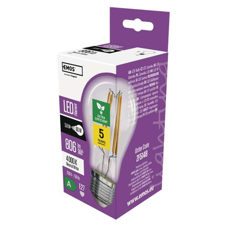 Żarówka LED E27 bańka A60, 3,8 W, odpowiednik 60 W, neutralna biel, 806 lm, filament, EMOS ZAR-E-ZF5148
