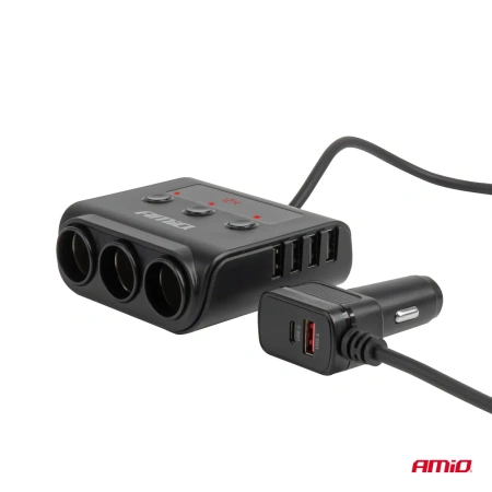 Rozgałęziacz zapalniczki samochodowej 12/24V – 3 gniazda + 4x USB-A, 180W, wyświetlacz LED, ON/OFF, AMiO 04835