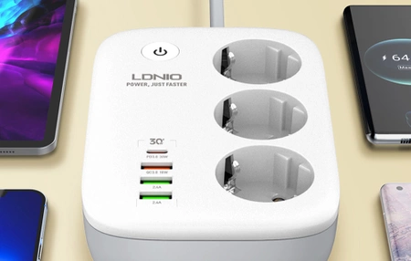 Inteligentna listwa zasilająca Wi-Fi LDNIO SEW3452, Tuya biała z włącznikiem