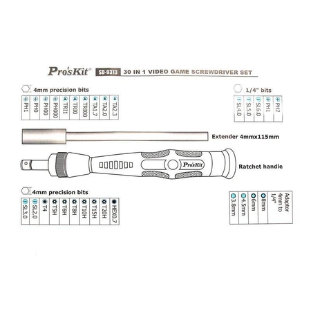 Zestaw bitów z uchwytem do serwisowania gier video 30szt, Proskit SD-9313