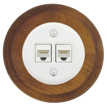 Gniazdo Ethernet Cat6 x2 okrągłe białe z ramką ciemne drewno, montaż podtynkowy, Ceramic Loft