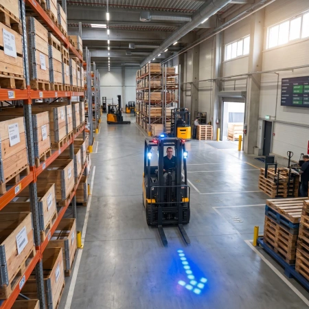 Lampa bezpieczeństwa LED do wózka widłowego – niebieska strzałka kierunku jazdy, 15W, 10–80V, IP6K9K, AMIO-04866