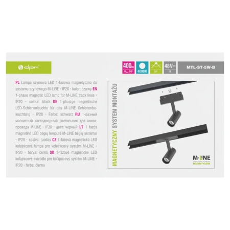 Reflektor szynowy magnetyczny 5W 400lm 4000K czarny M-LINE