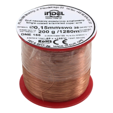 Drut nawojowy emaliowany, 0,15mm, miedź Pure Cu Grade 1, klasa cieplna 155°C, szpulka 200g, ok. 1280m, Indel