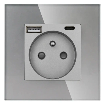 Gniazdo elektryczne z uziemieniem z USB A+C 20W grafitowe podtynkowe z ramką szklaną - TAWOIA Glass