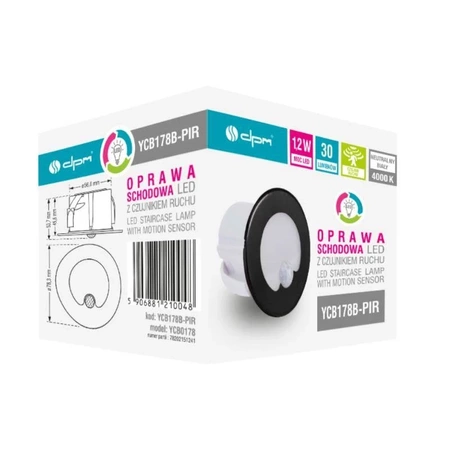 Lampka schodowa LED z czujnikiem ruchu, 230Vac, okrągła, czarny mat