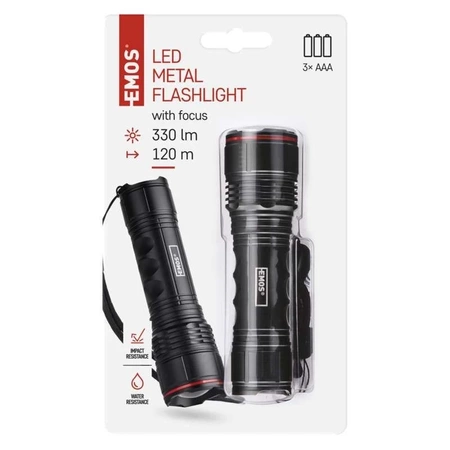 Latarka ręczna LED, 330 lm, 3 × AA, regulacja ogniskowej, obudowa metalowa, EMOS P3114