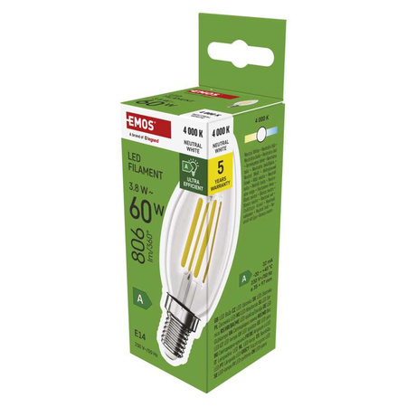 Żarówka LED E14 świeczka, 3,8 W, odpowiednik 60 W, neutralna biel, 806 lm, filament, EMOS ZAR-E-ZF3A43