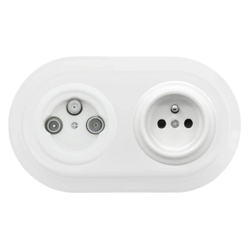 Gniazdo TV/SAT + Gniazdo elektryczne okrągłe z ramką podwójną, białe, montaż podtynkowy, Ceramic Loft