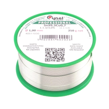 Cyna lutownicza bezołowiowa - spoiwo Sn99,3Cu0,7 - topnik 1.1.3 - 1mm - Cynel 250g