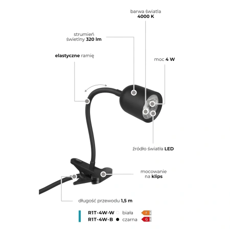 Lampka LED z klipsem czarna, 4 W, 320 lm, 4000 K, zasilanie 230V