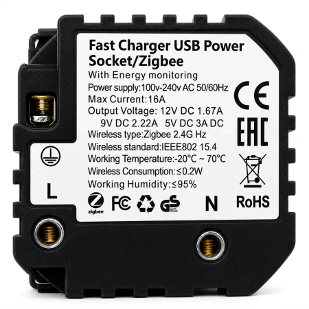 Gniazdko elektryczne Schuko z USB A+C 20W z watomierzem ZigBee czarne podtynkowe (moduł bez ramki) - TAWOIA Smart Home