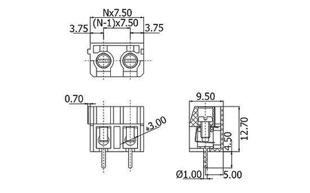 Złącze śrubowe 2 pola, raster 7.5, h=12.7mm DG360
