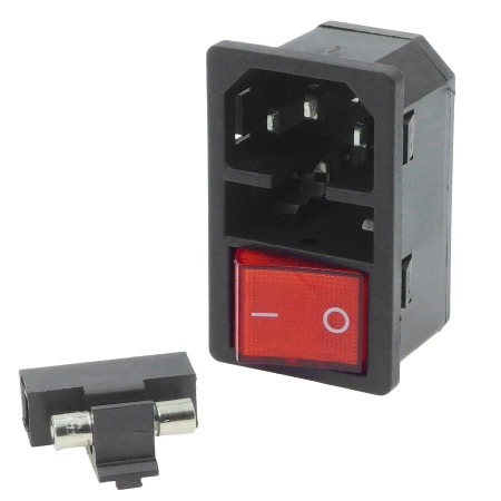 Zintegrowane gniazdo zasilania 230V IEC, 10A, włącznik czerwony, bezpiecznik, AC-14-F16