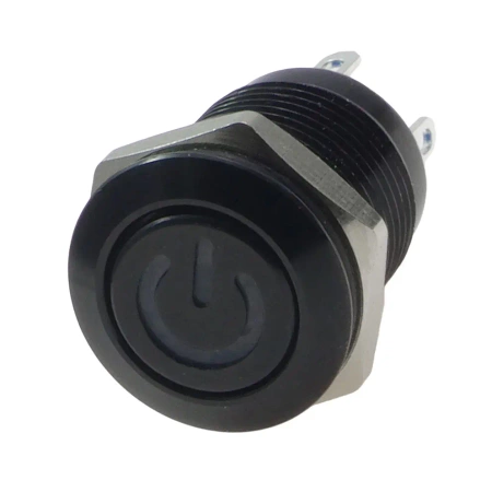 Przycisk wandaloodporny czarny "POWER" chwilowy 2A 250V klawisz płaski, podśw czerwone 12V