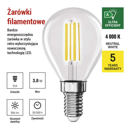 Żarówka LED E14 kulka Mini Globe, 3,8 W, odpowiednik 60 W, neutralna biel, 806 lm, filament, EMOS ZAR-E-ZF1A43
