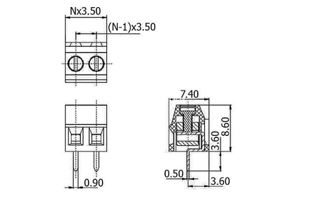 Złącze śrubowe do druku, 3 pola, raster 3,5mm, wysokość 8,6mm, 150V / 10A, 1,5mm², PA66, Degson DG381