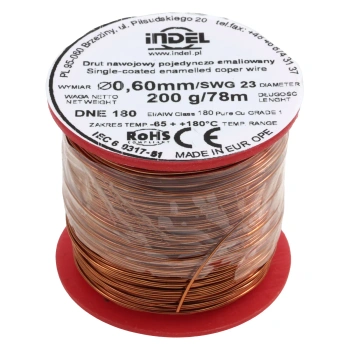 Drut nawojowy emaliowany 0,60 mm, DNE 180, miedź, szpulka 200 g, ok. 78 m