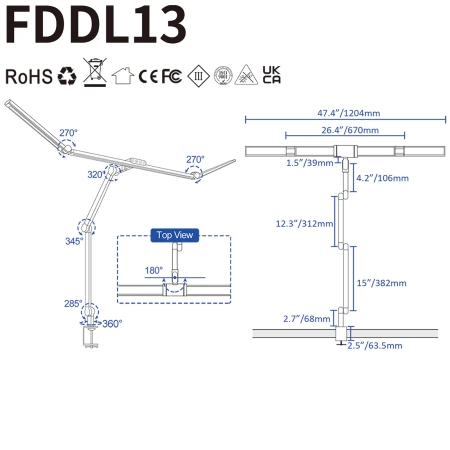 Lampa biurkowa LED - profesjonalna z regulacją barwy i jasności - liniowa 120cm - 2 ramiona - 2450lm - czarna - FDDL13