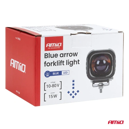 Lampa bezpieczeństwa LED do wózka widłowego – niebieska strzałka kierunku jazdy, 15W, 10–80V, IP6K9K, AMIO-04866