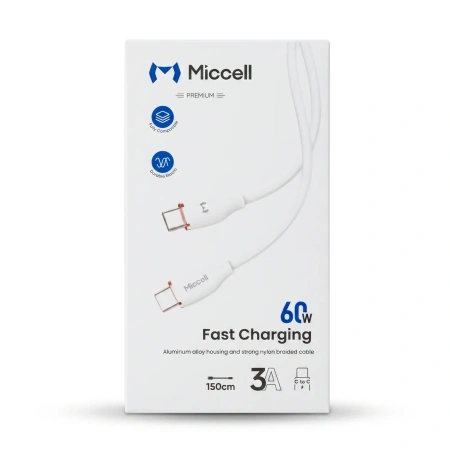 Kabel USB-C - USB-C, 60 W, 1,5 m, biały, Miccell, MIC-004051