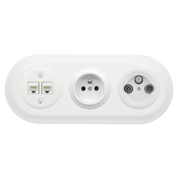 Gniazdo Ethernet Cat6 x2 + Gniazdo elektryczne + Gniazdo TV/SAT z ramką potrójną, białe, montaż podtynkowy, Ceramic Loft