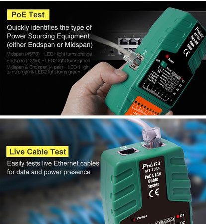Tester LAN + PoE (RJ45, RJ11, RJ12), Proskit MT-7064