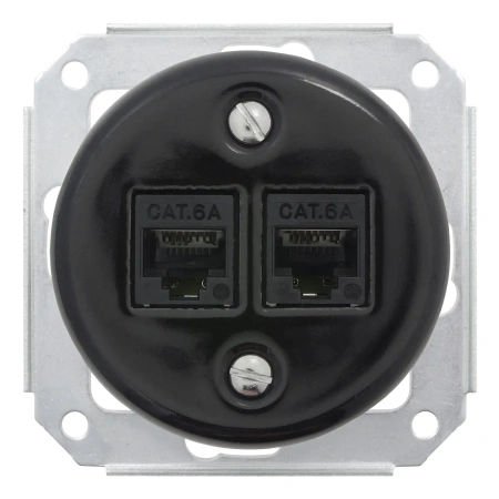 Gniazdo Ethernet Cat6 x2 okrągłe czarne z ramką ciemne drewno, montaż podtynkowy, Ceramic Loft