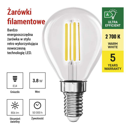 Żarówka LED E14 kulka Mini Globe, 3,8 W, odpowiednik 60 W, ciepła biel, 806 lm, filament, EMOS ZAR-E-ZF1A42
