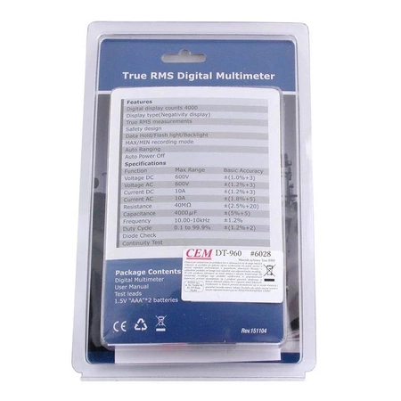 Multimetr cyfrowy CEM DT-960 True RMS, 3999 zliczeń, IP65, CAT III 600 V, latarka LED