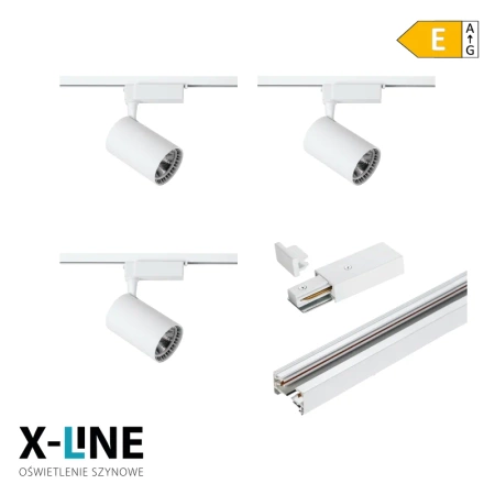 Oświetlenie szynowe X-LINE - zestaw: 3x reflektor LED 5W + 1m szyna + złączki, kolor biały