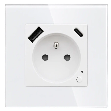 Gniazdko elektryczne z uziemieniem z USB A+C 20W z pomiarem energii (watomierz) ZigBee białe podtynkowe z ramką szklaną - TAWOIA Glass