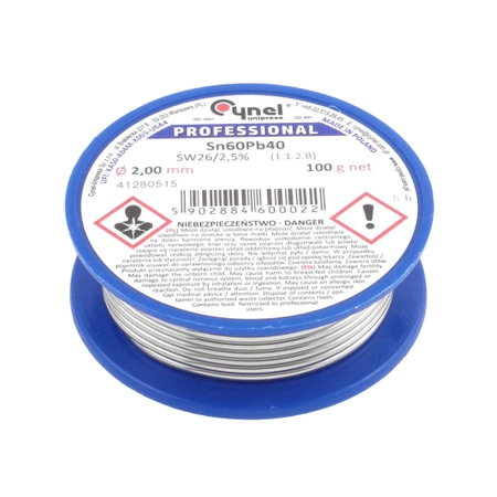 Cyna lutownicza z topnikiem SW26 - 2mm - spoiwo Sn60Pb40 Cynel 100g