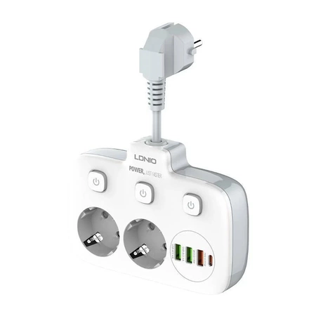 Listwa zasilająca 2 gniazda + 3× USB, 10 A, z włącznikiem, biała, LDNIO