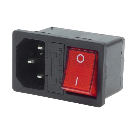 Zintegrowane gniazdo zasilania 230V IEC, 10A, włącznik czerwony, bezpiecznik, AC-14-F16