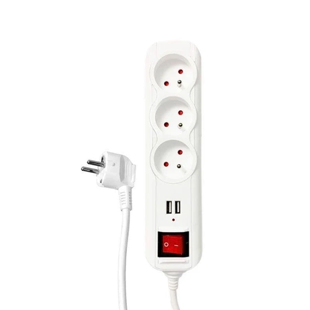 Listwa zasilająca 3 gniazda + 2x USB, włącznik, 1.5m, 10A, 2300W, 3G1, filtr przeciwprzepięciowy, biała