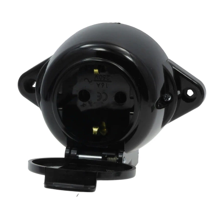 Gniazdo elektryczne bryzgoszczelne IP44 z klapką, montaż natynkowy, kolor czarny, seria Retro PRL