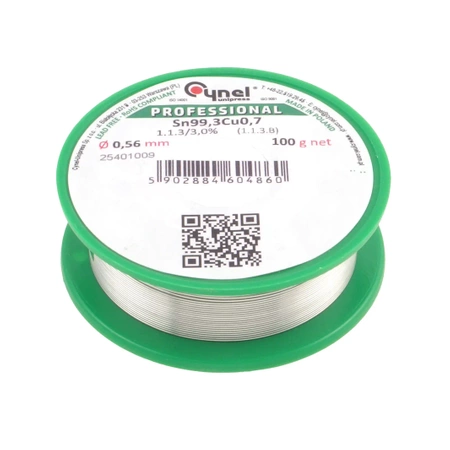 Cyna lutownicza bezołowiowa - spoiwo Sn99,3Cu0,7 - topnik 1.1.3 - 0,56mm - Cynel 100g