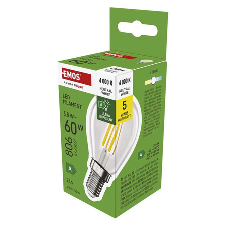 Żarówka LED E14 kulka Mini Globe, 3,8 W, odpowiednik 60 W, neutralna biel, 806 lm, filament, EMOS ZAR-E-ZF1A43