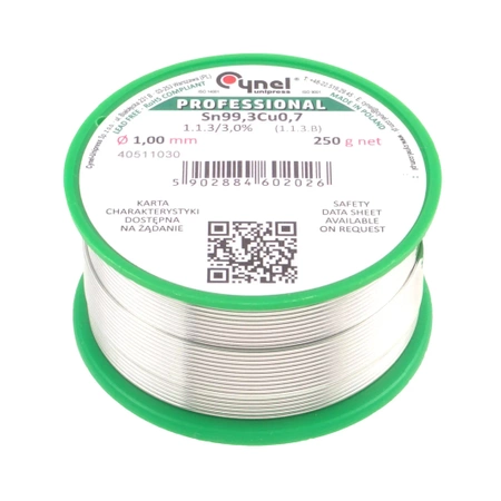 Cyna lutownicza bezołowiowa - spoiwo Sn99,3Cu0,7 - topnik 1.1.3 - 1mm - Cynel 250g