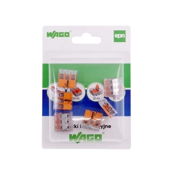 Szybkozłączka WAGO 221-413 z dźwigniami na 3 przewody, drut i linka 0,2-4mm², 32A 450V, blister 6 szt.
