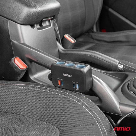 Rozgałęziacz gniazda zapalniczki z ładowarką 1x USB A 1x USB C QC 4.0 12/24V 120W szybkie ładowanie, kabel 80cm, AMIO-04365